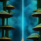 Fantastical landscape with glowing mushroom trees and radiant spire under starry sky