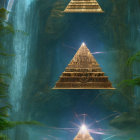 Golden pyramids in surreal cavern with waterfalls and blue glow