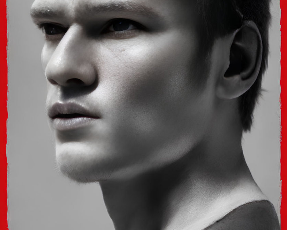 Intense black and white portrait of a man with bare shoulders and dark hair on grey background with red