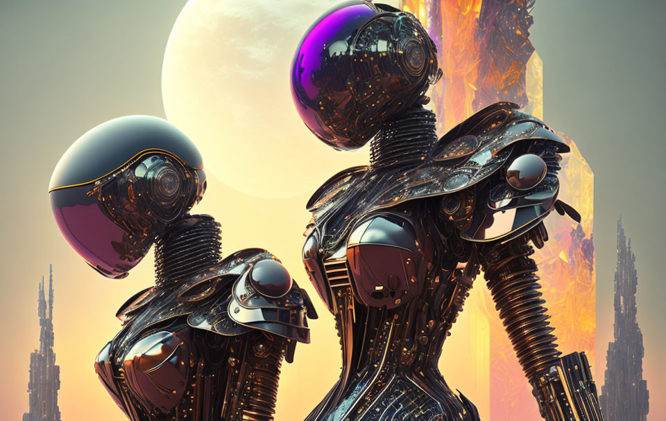 Futuristic robots with reflective spherical heads against alien backdrop