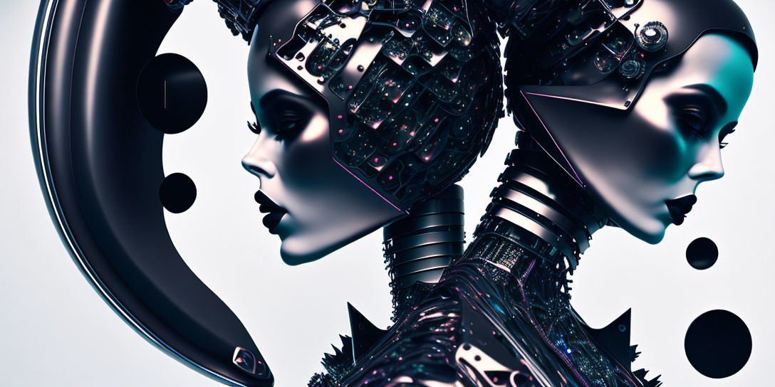 Detailed robotic female heads face each other on light background with spheres.