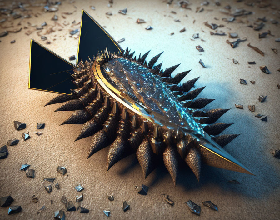 Futuristic 3D-rendered spiky object on sandy terrain