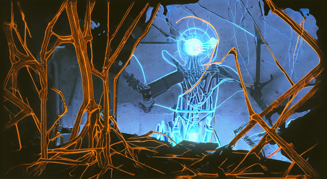 Cybernetic figure with neon blue glow in dark forest landscape