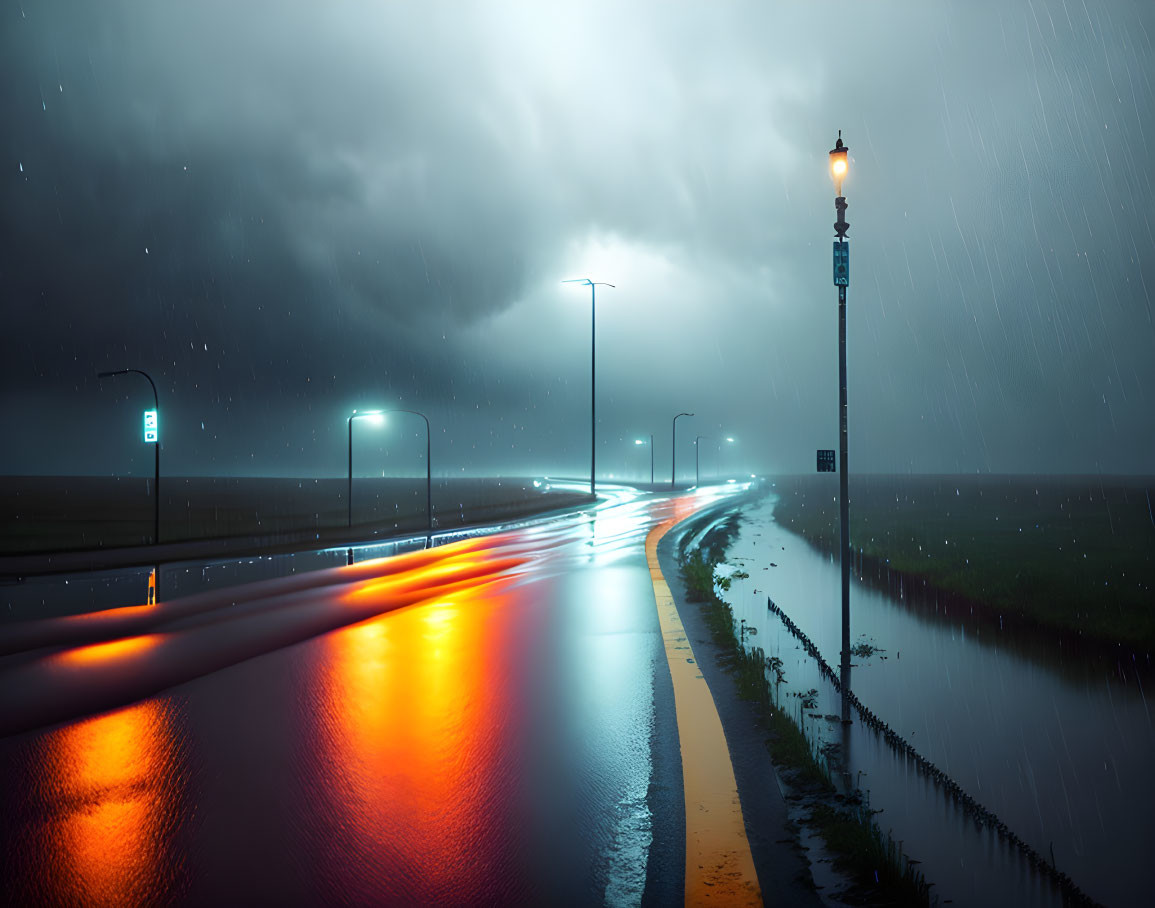 Urban night scene with wet roads, red tail lights, street lamps, and stormy sky.