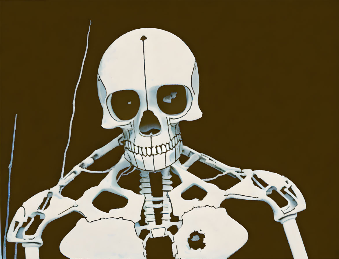 Humanoid skeleton with grinning skull on brown background with inverted colors