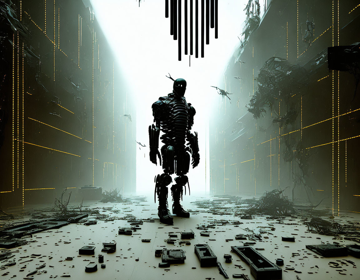 Futuristic robot in desolate cityscape with towering buildings