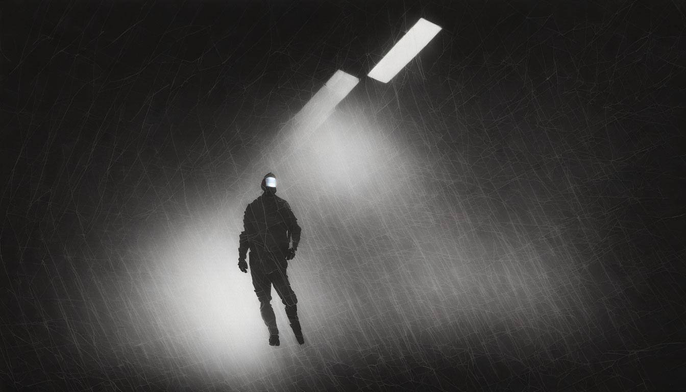 Astronaut illuminated by harsh light in misty space