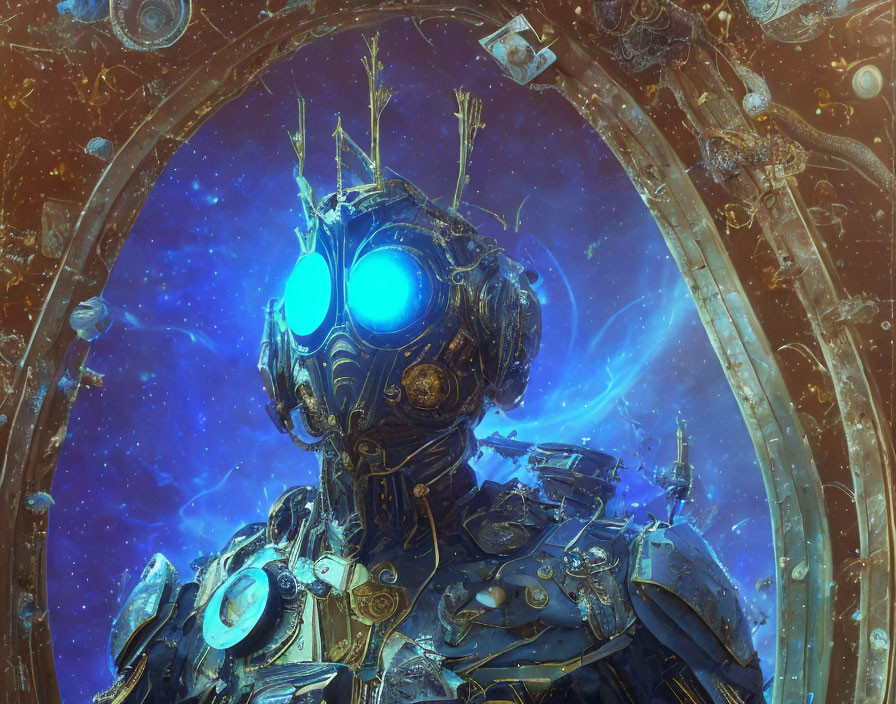 Futuristic robotic figure with glowing blue eyes and intricate armor in cosmic backdrop.