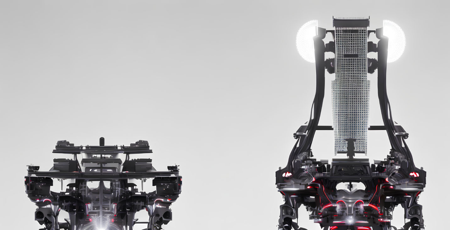 Futuristic robotic structures with red lighting on white background