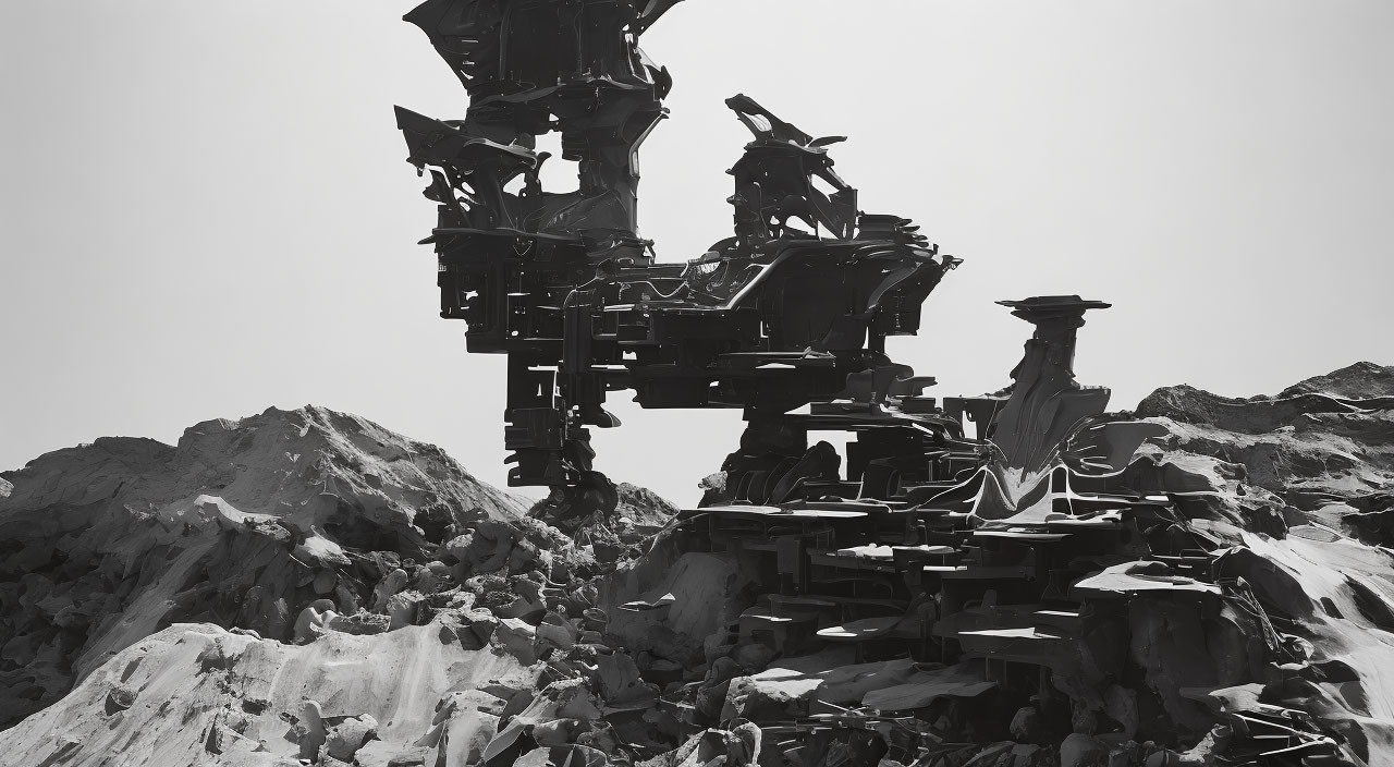 Monochromatic abstract mechanical structure in rugged terrain