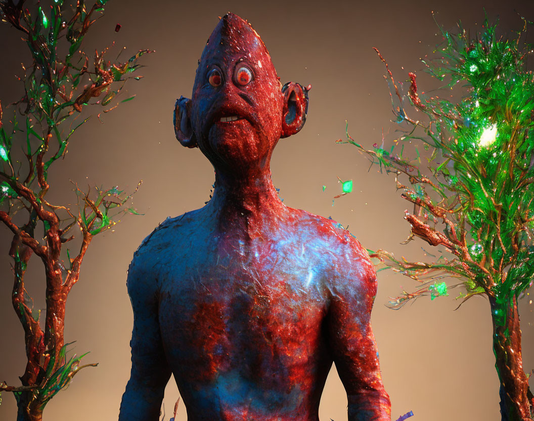 Fantastical creature with red skin and surprised expression in magical forest