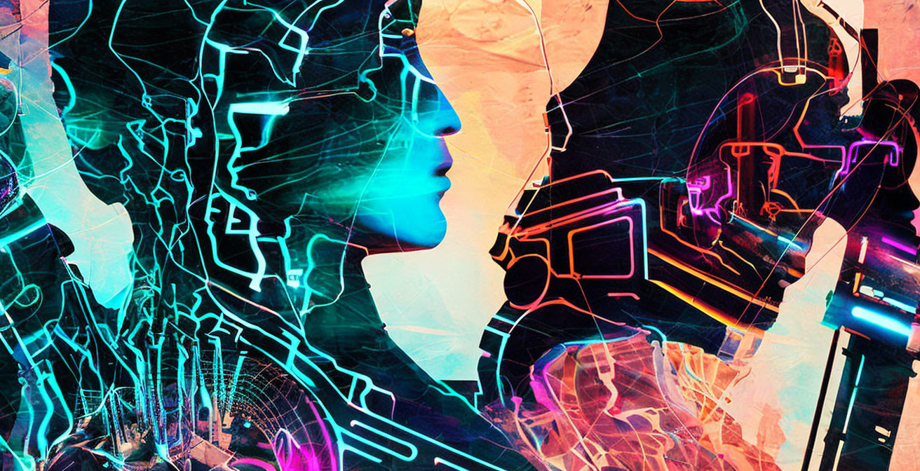 Colorful digital art merges human profiles with abstract tech elements in neon hues.