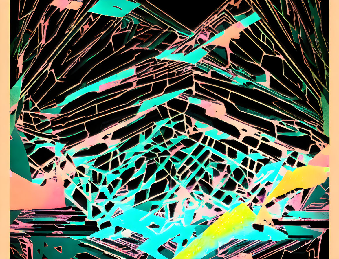 Neon pink, yellow, and teal lines on tan background: Abstract digital art