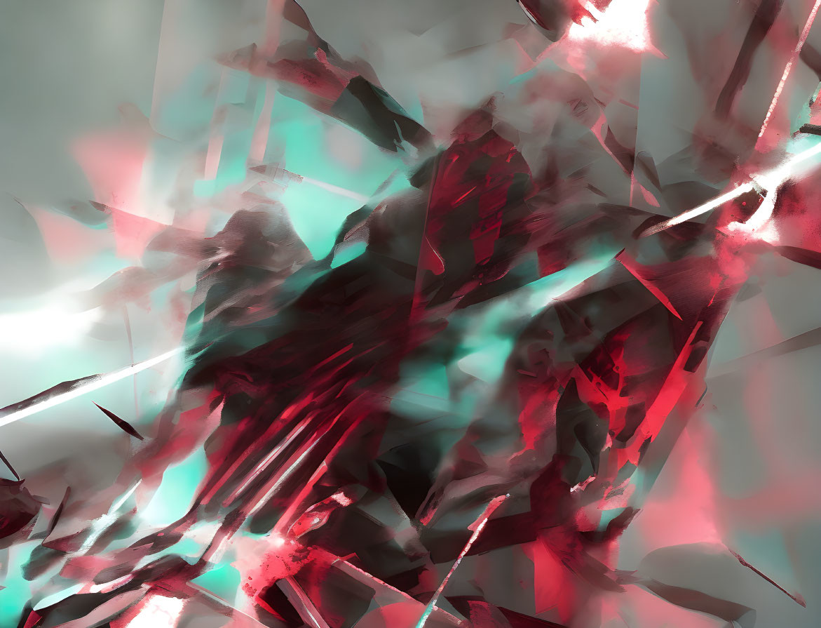 Dynamic red and teal abstract digital art with sharp, chaotic forms