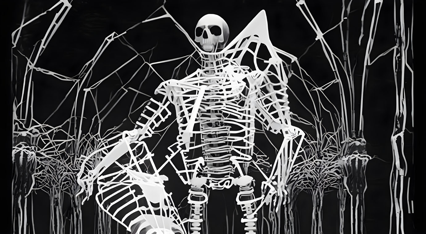 Monochromatic human skeleton in contemplative pose among skeletal trees