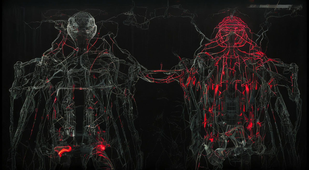 Wireframe Figures with Red and White Neon Lights Connected on Black Background