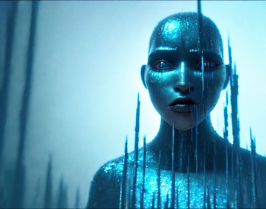 Blue humanoid figure with digital appearance and glowing specks against data stream backdrop