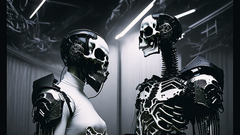 Skeletal humanoid robots facing in dimly lit room