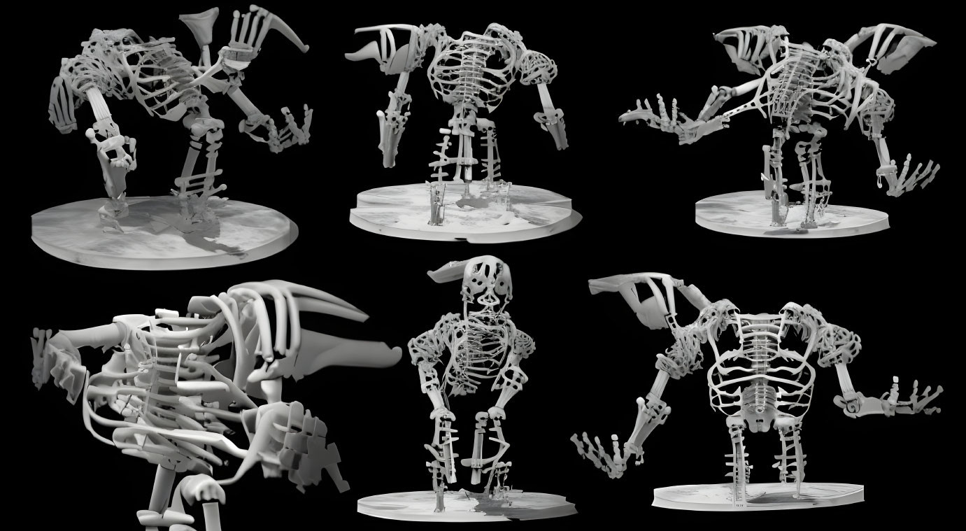 Dinosaur Skeletons in Different Poses on Black Background