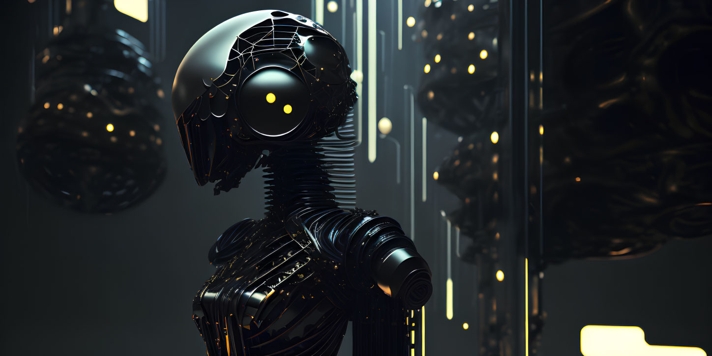 Futuristic black robot with glowing yellow eye in high-tech setting