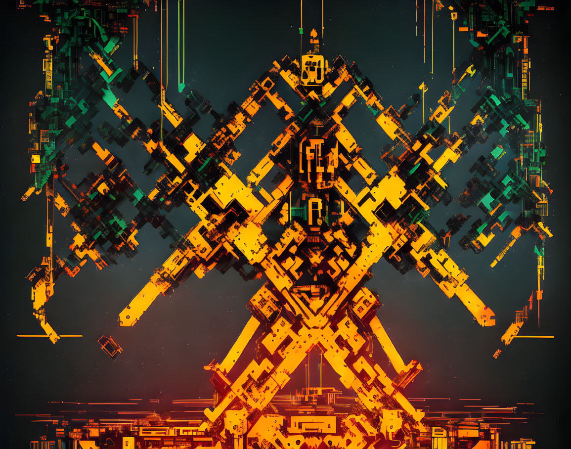 Symmetrical Futuristic Geometric Art in Orange and Green