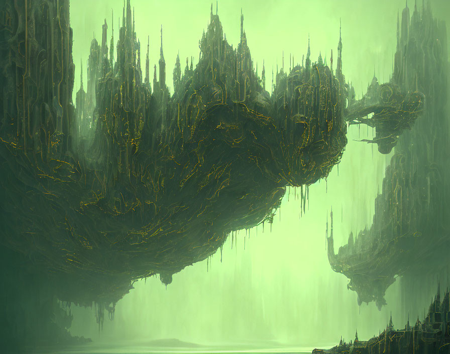 Mystical green landscape with towering spires and floating rocks