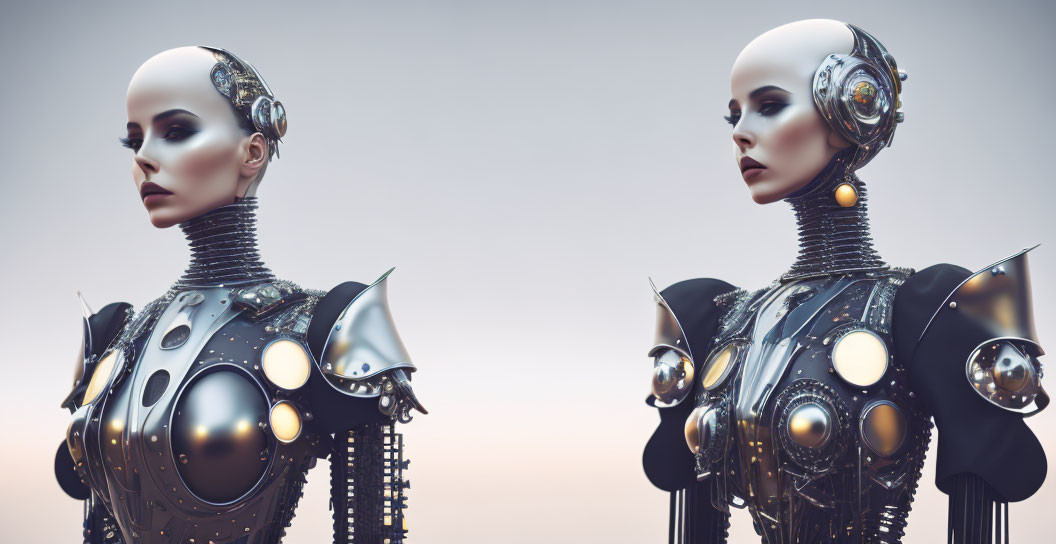 Intricate humanoid robots with spherical armor designs on neutral background