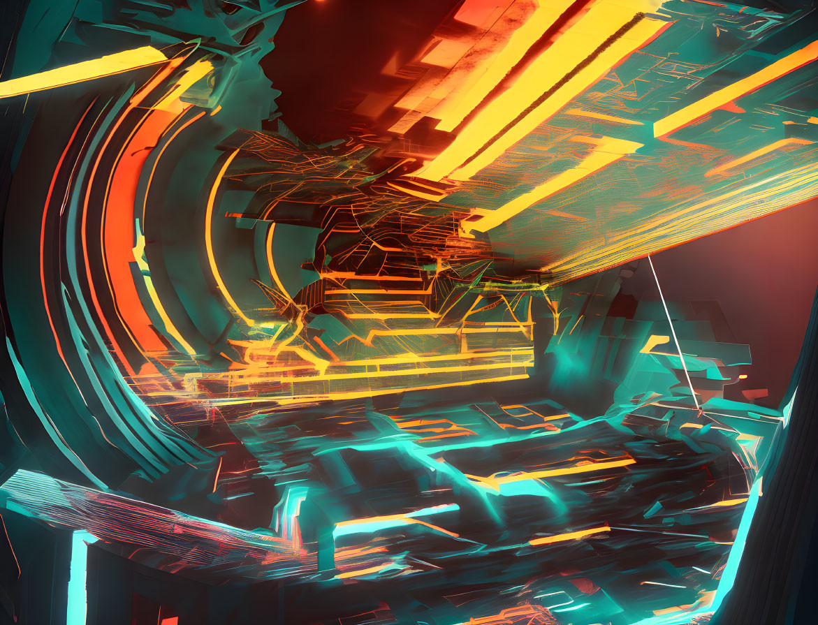 Abstract digital art: Vibrant futuristic tunnel with neon edges in red and blue