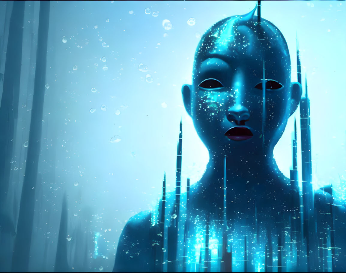 Blue-Toned Humanoid Face Underwater with Digital Appearance