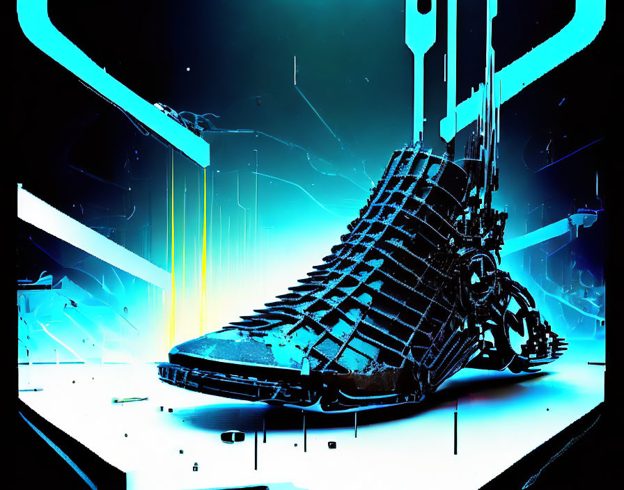 Abstract futuristic robotic foot in blue and black environment with dynamic lines.