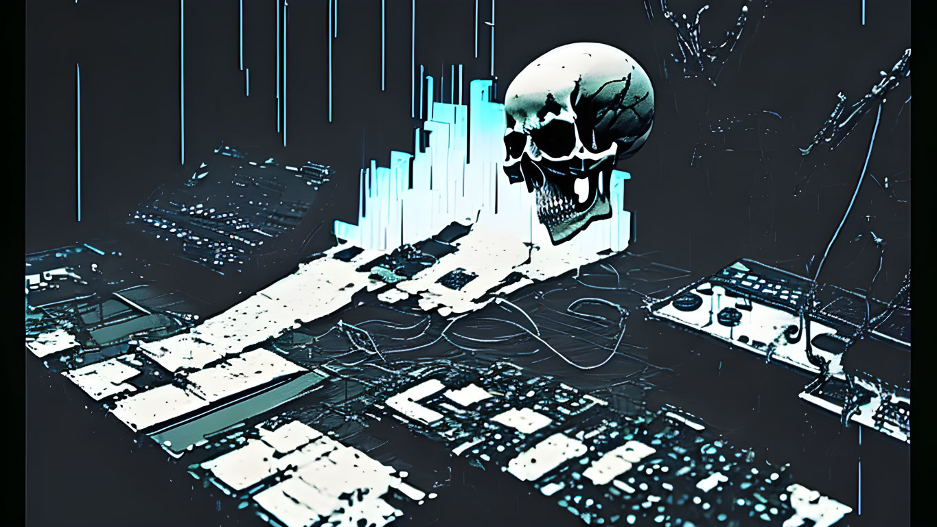 Cyberpunk-themed digital artwork: human skull, neon blue circuit board, data streams