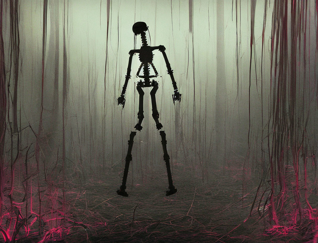 Skeletal figure in misty forest with pinkish glow