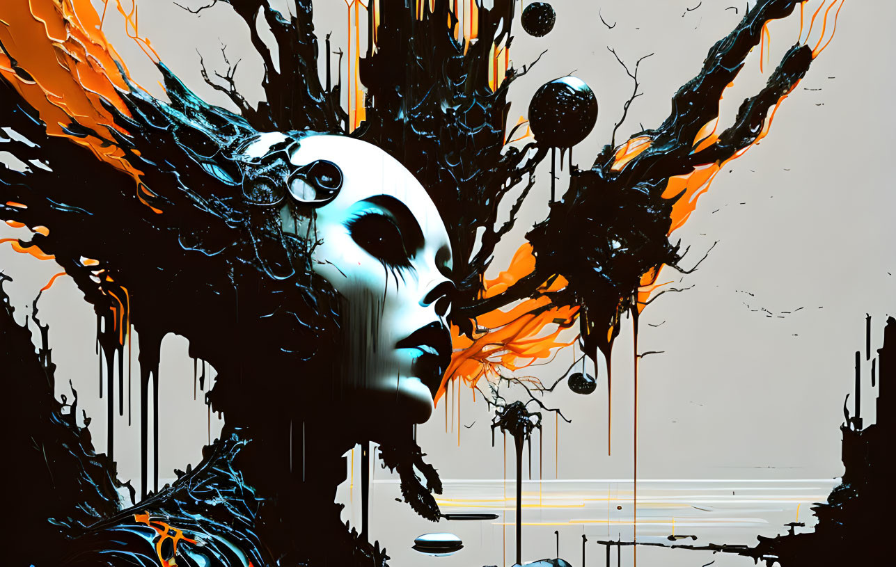 Abstract monochrome digital artwork: female face with black and orange liquid splashes in surreal landscape with floating