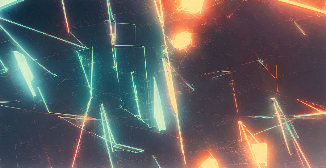 Abstract digital image: Bright neon lines intersect on dark textured background