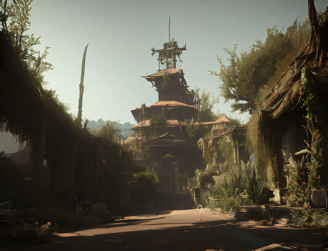 Tranquil landscape with ancient pagoda and lush greenery