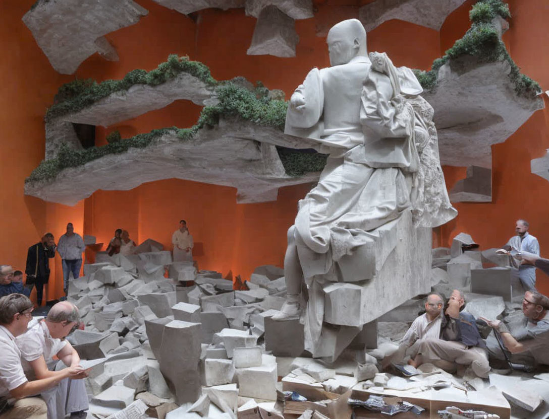 Person statue with floating rocks and plants, surrounded by observers in orange-walled room