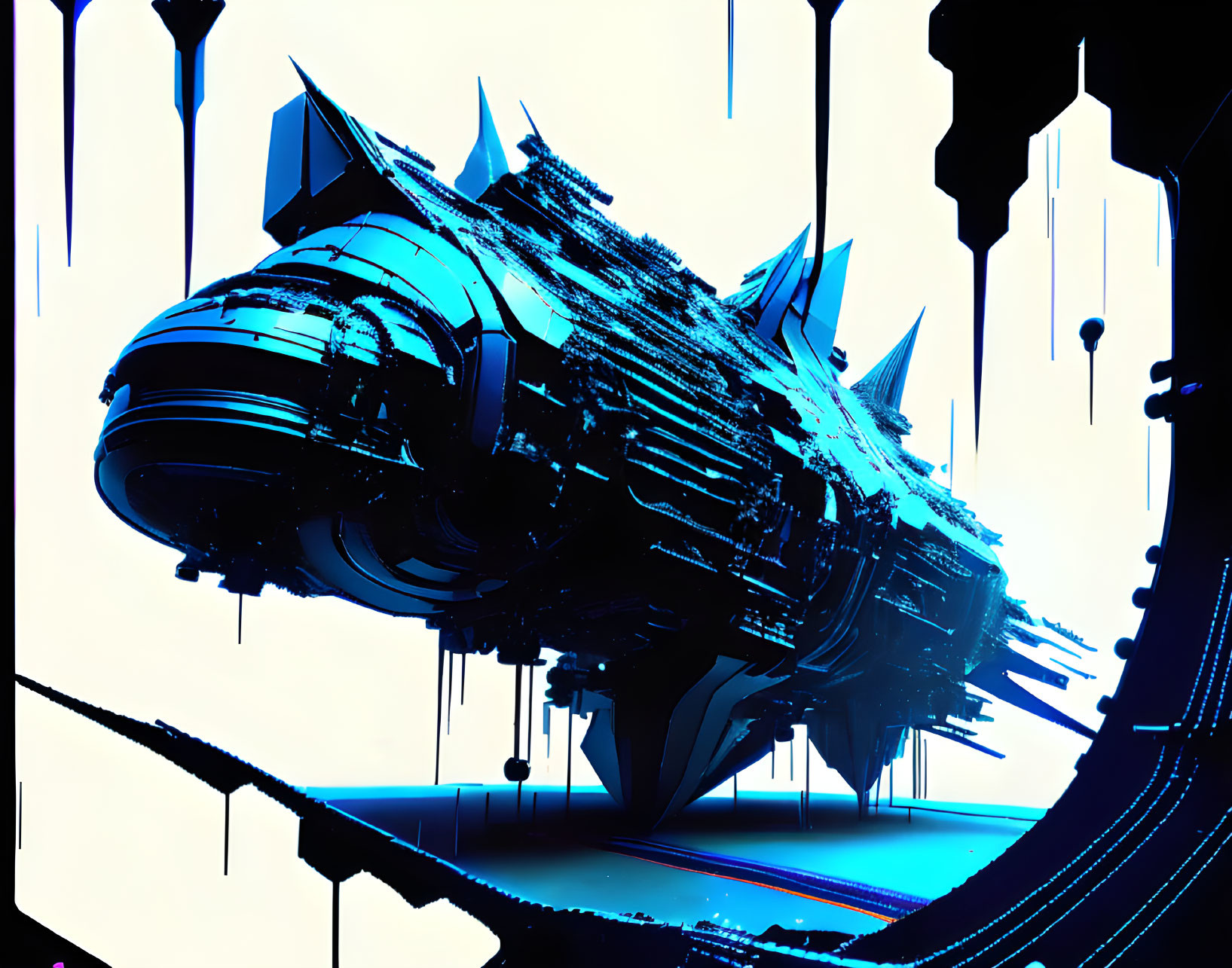 Abstract blue spaceship with sharp edges in futuristic setting