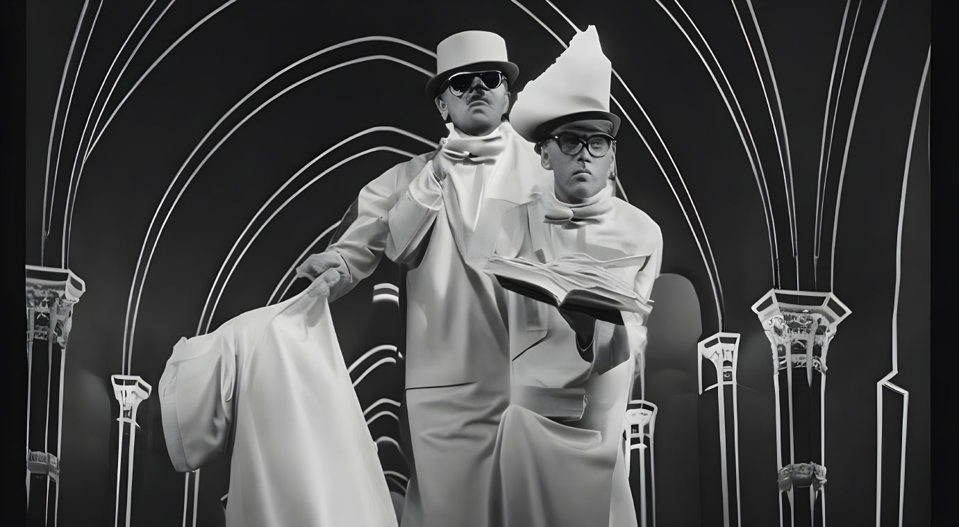 Stylized figures in white outfits with hats and sunglasses pose against art deco backdrop