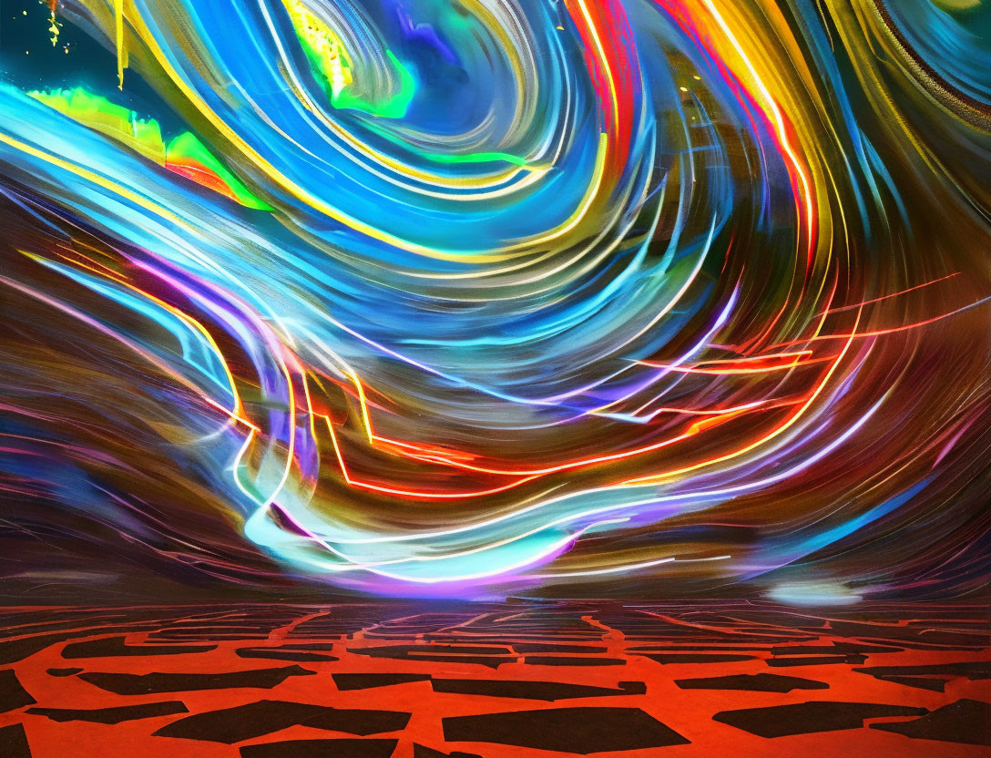 Colorful Abstract Art: Swirling Lights Over Red Terrain