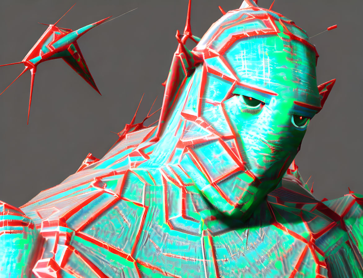 3D anaglyph image of humanoid figure in geometric armor