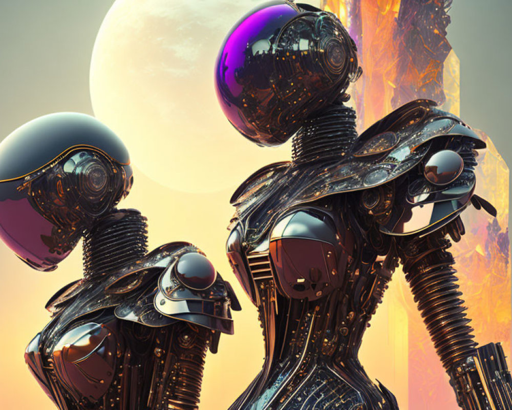 Futuristic robots with reflective spherical heads against alien backdrop