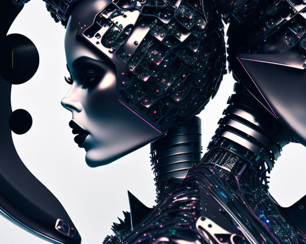 Detailed robotic female heads face each other on light background with spheres.