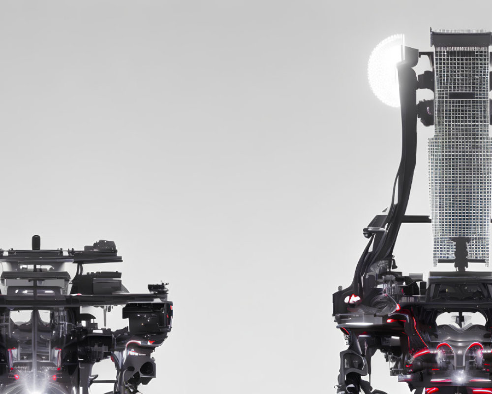 Futuristic robotic structures with red lighting on white background