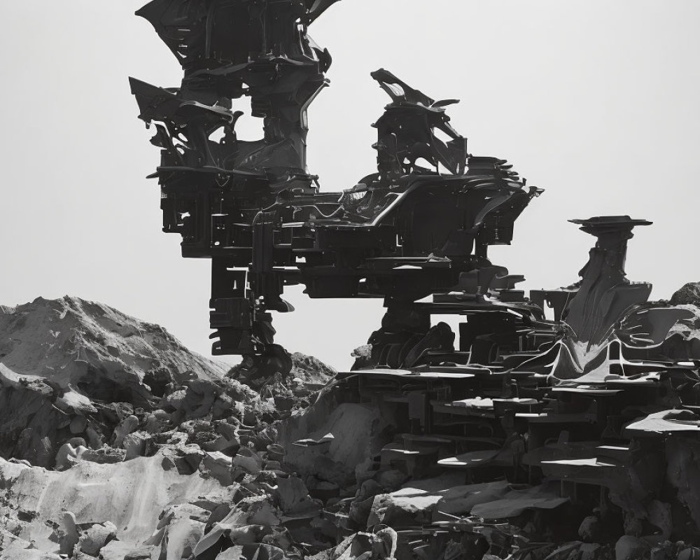 Monochromatic abstract mechanical structure in rugged terrain