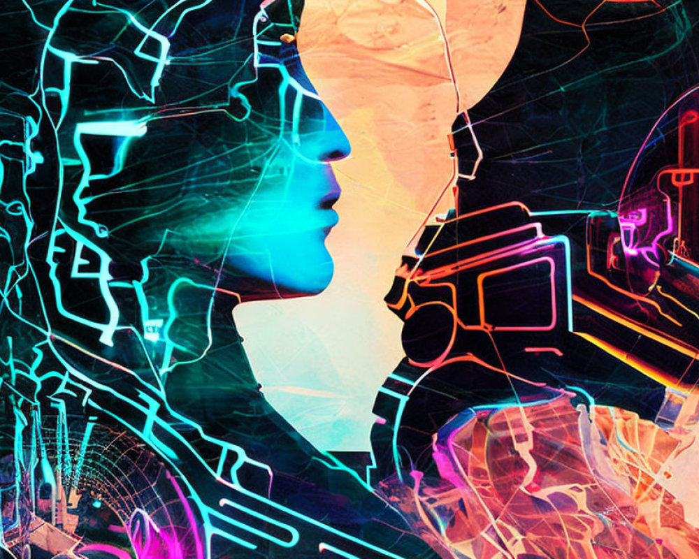 Colorful digital art merges human profiles with abstract tech elements in neon hues.