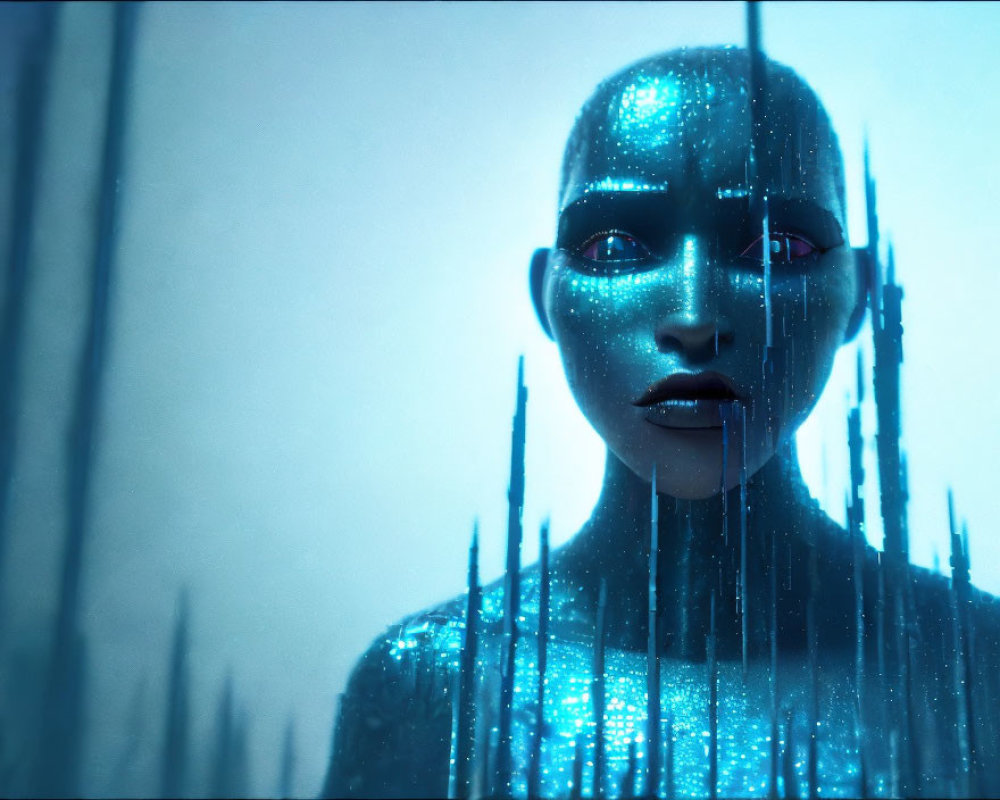 Blue humanoid figure with digital appearance and glowing specks against data stream backdrop