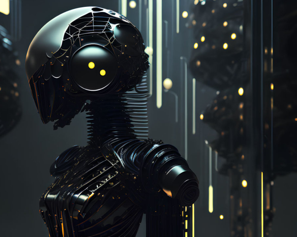 Futuristic black robot with glowing yellow eye in high-tech setting