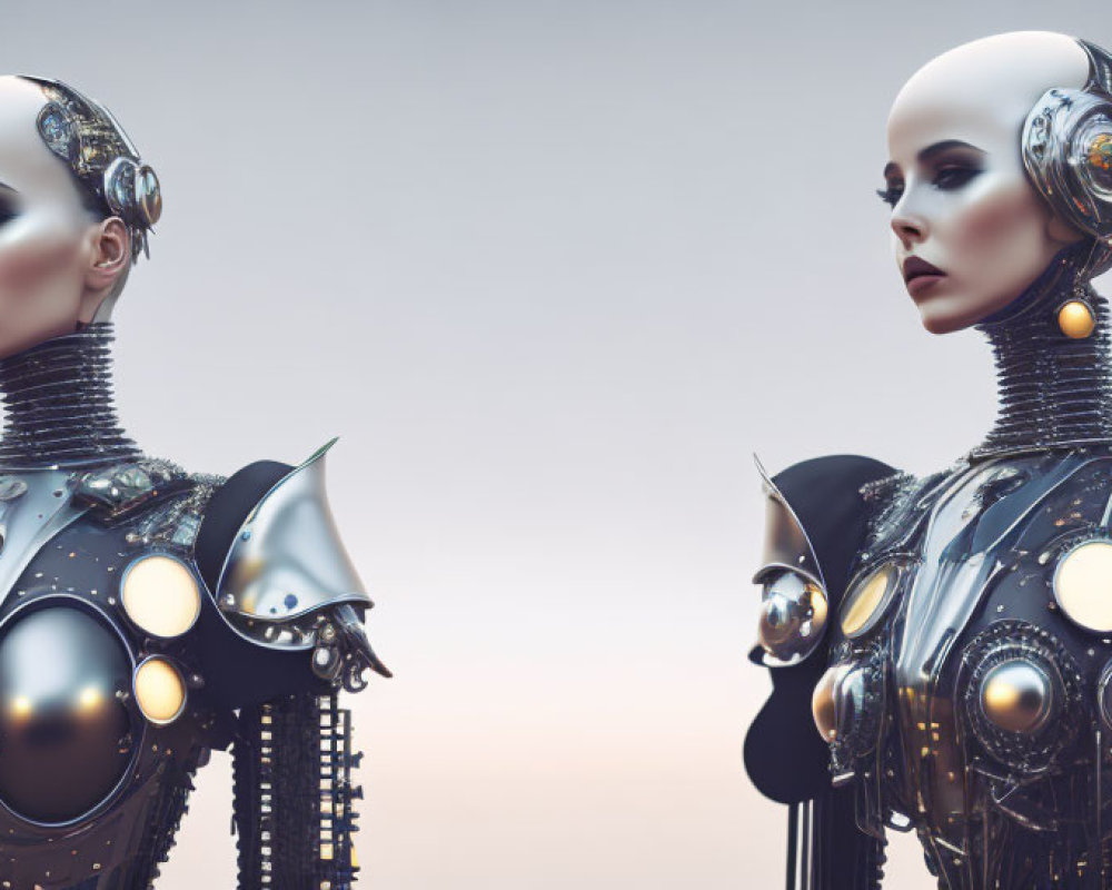 Intricate humanoid robots with spherical armor designs on neutral background