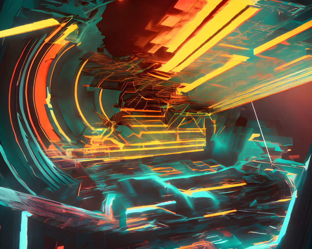 Abstract digital art: Vibrant futuristic tunnel with neon edges in red and blue