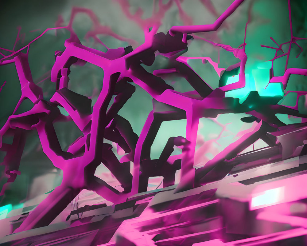 Neon-lit abstract environment with pink branches and greenish sky